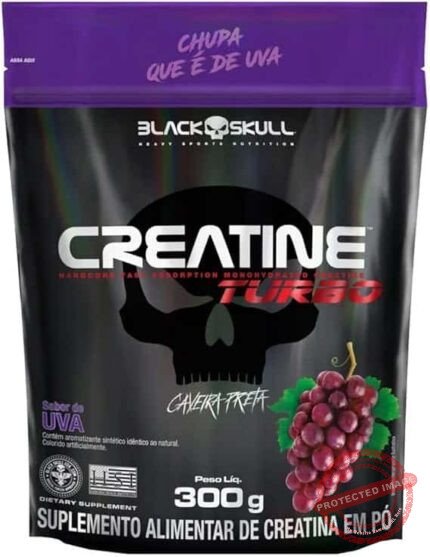 Creatine Turbo BlackSkull - Creatina Monohidratada em pó, com carboidrato para melhor absorção e performance (300g Refil, Uva)