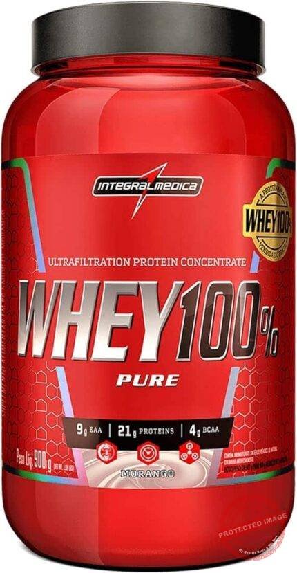 Integralmedica - Whey Protein Concentrado Morango 100% Pure - 21g de Proteína por Scoop, Suplementação Alimentar Pós-Treino, Fórmula Enriquecida com BCAAs - Pote 900g