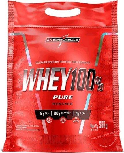 Integralmédica - Whey Protein Concentrado Morango 100% Pure - 21g de Proteína por Scoop, Suplementação Alimentar Pós-Treino, Fórmula Enriquecida com BCAAs - Pouch 900g