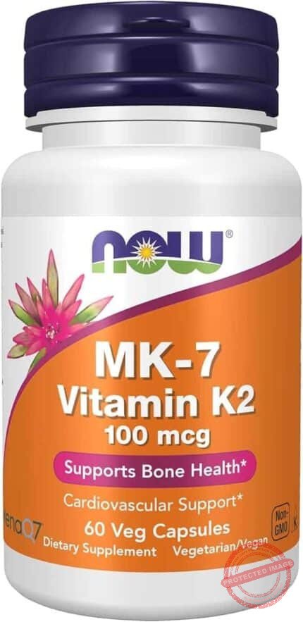 Suplementos NOW, vitamina K2 MK7 100 µg, auxílio cardiovascular*, auxilia na saúde óssea*, 60 cápsulas veganas